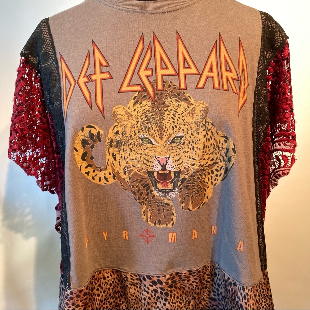 Def Leopard Upcycled Graphic Patchwork Tee - leopard print, lace, tie dye.